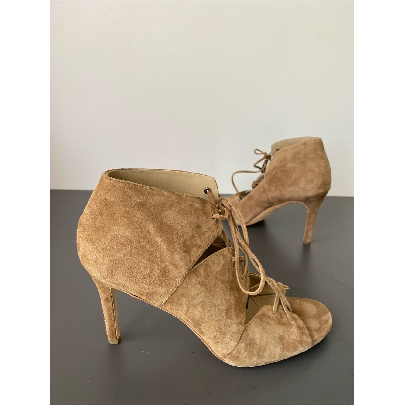 Via Spiga Tan Suede Lace-Up Open-Toe High-Heel Sandals Boho Chic Feminine Luxury
